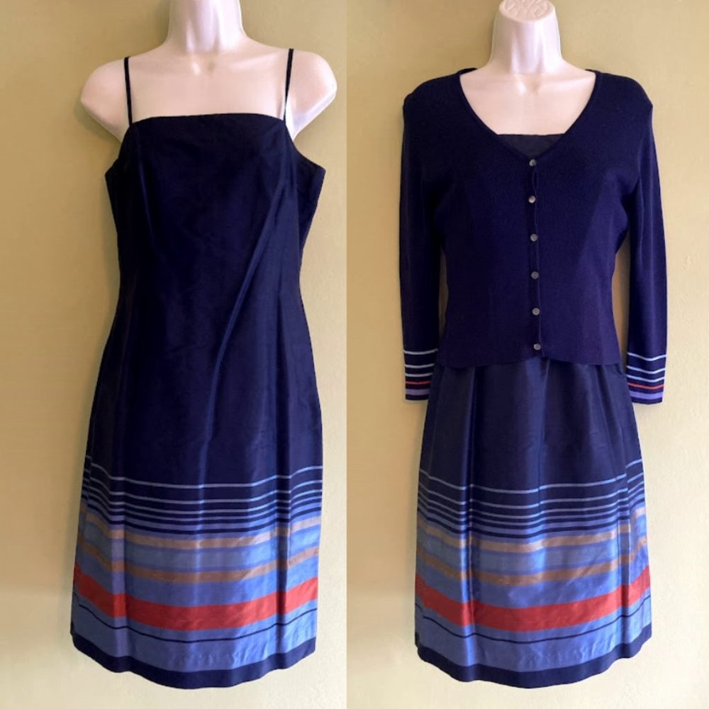 Dupioni Navy Blue Ann Taylor Dress with sweater